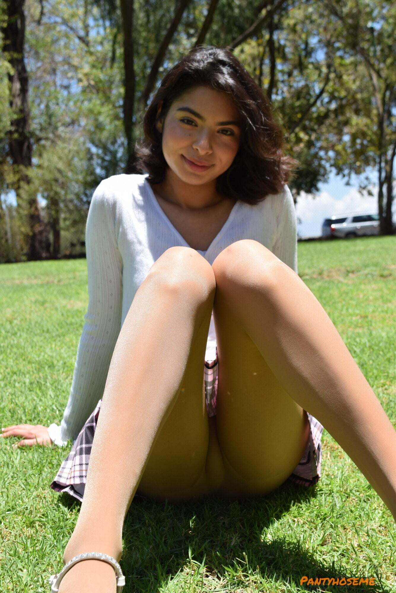 Hazel Heart In Plaid Miniskirt and Tan Pantyhose