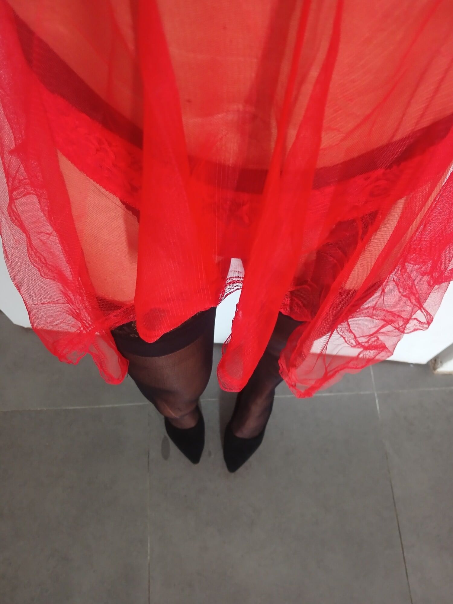 Red nightie black stoking high heels  #16