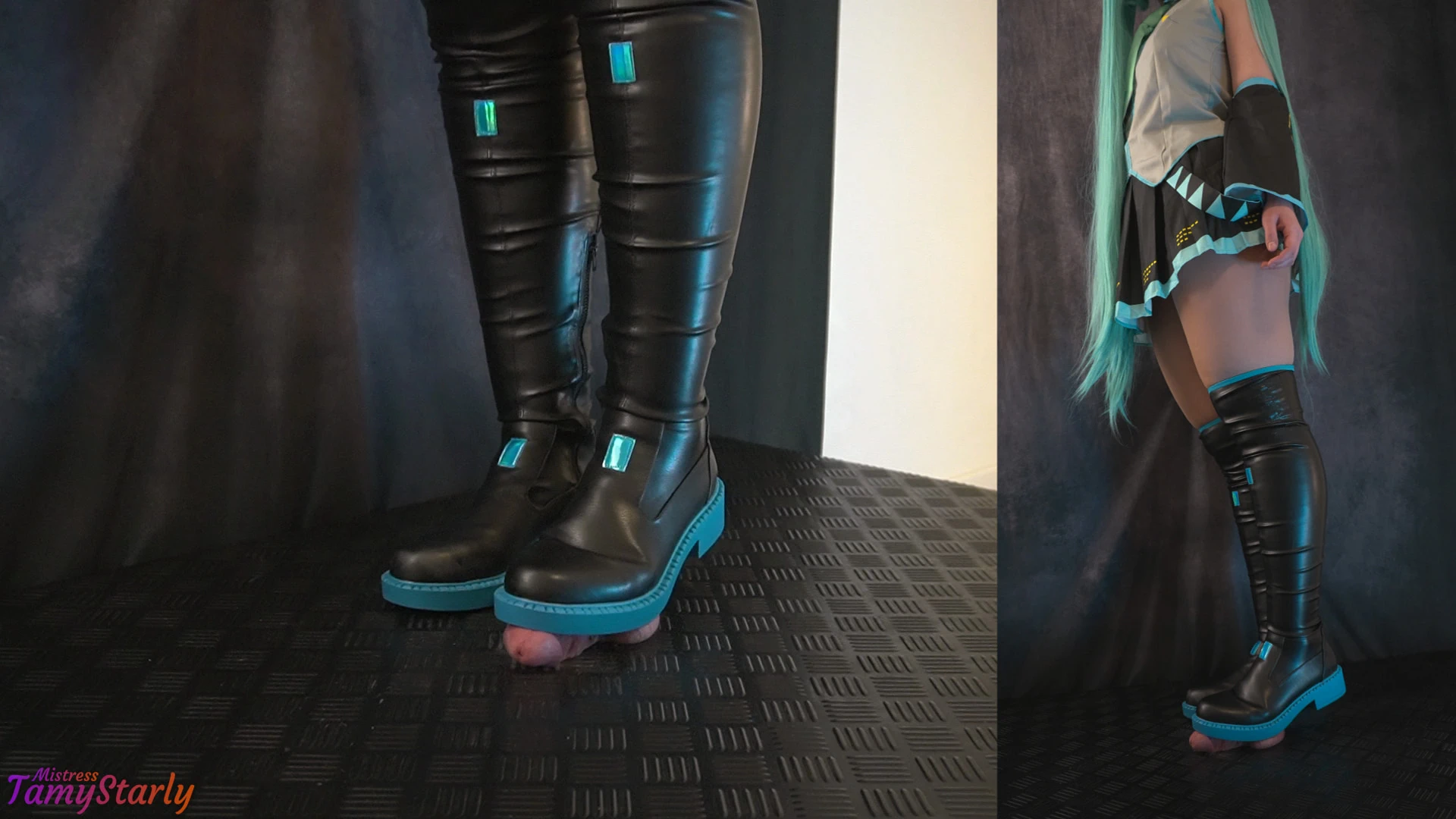 Hatsune Miku Bootjob in Black and Blue High Boots 