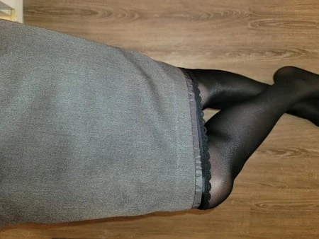 grey pencil skirt with black silky half slip         