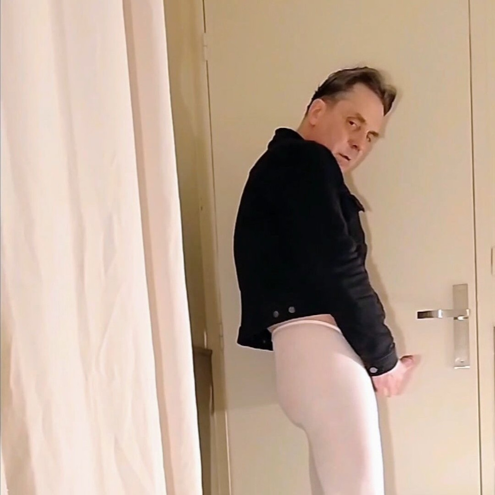 Cock stroking and handjob in white open pantyhose #30