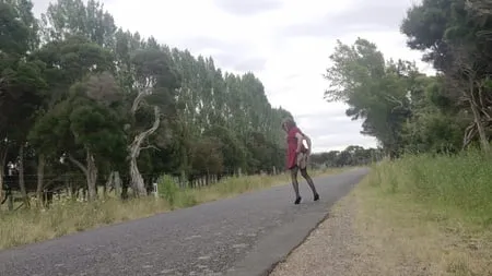 crossdess road trip red dress follow the river         