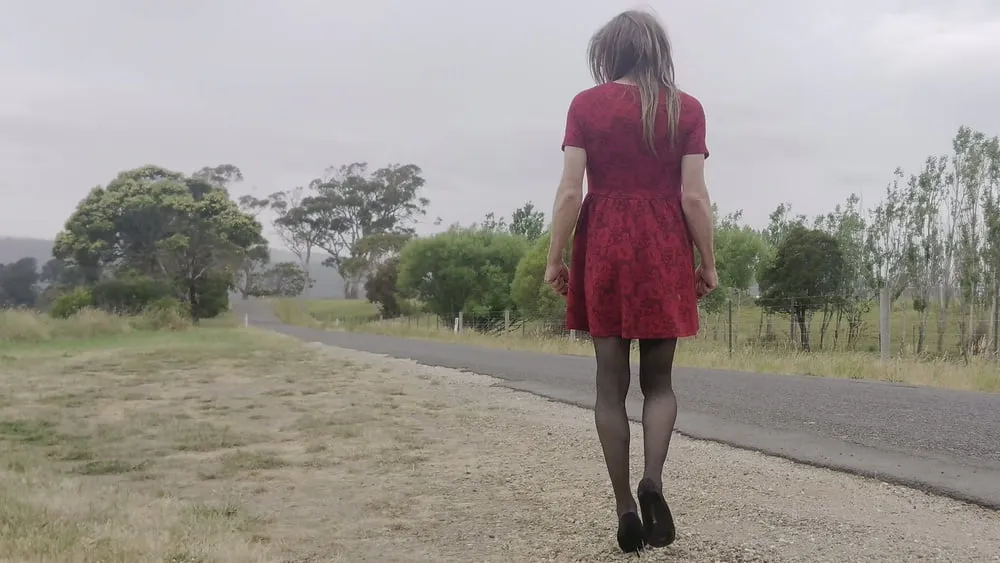 Crossdress road trip red dress #2