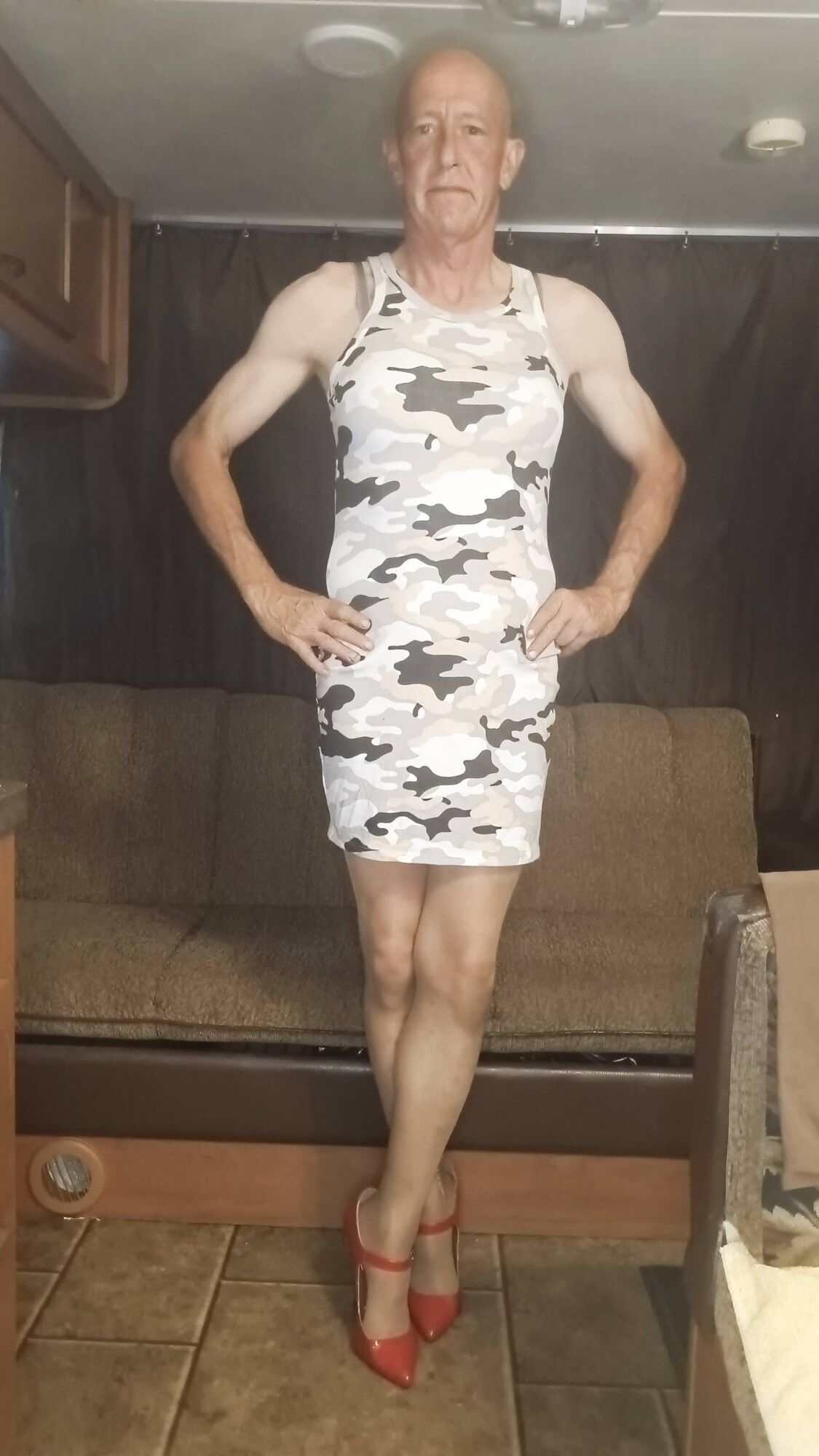 Faggot Andrew Brown in Camo Dress, Thigh Highs and Heels #8