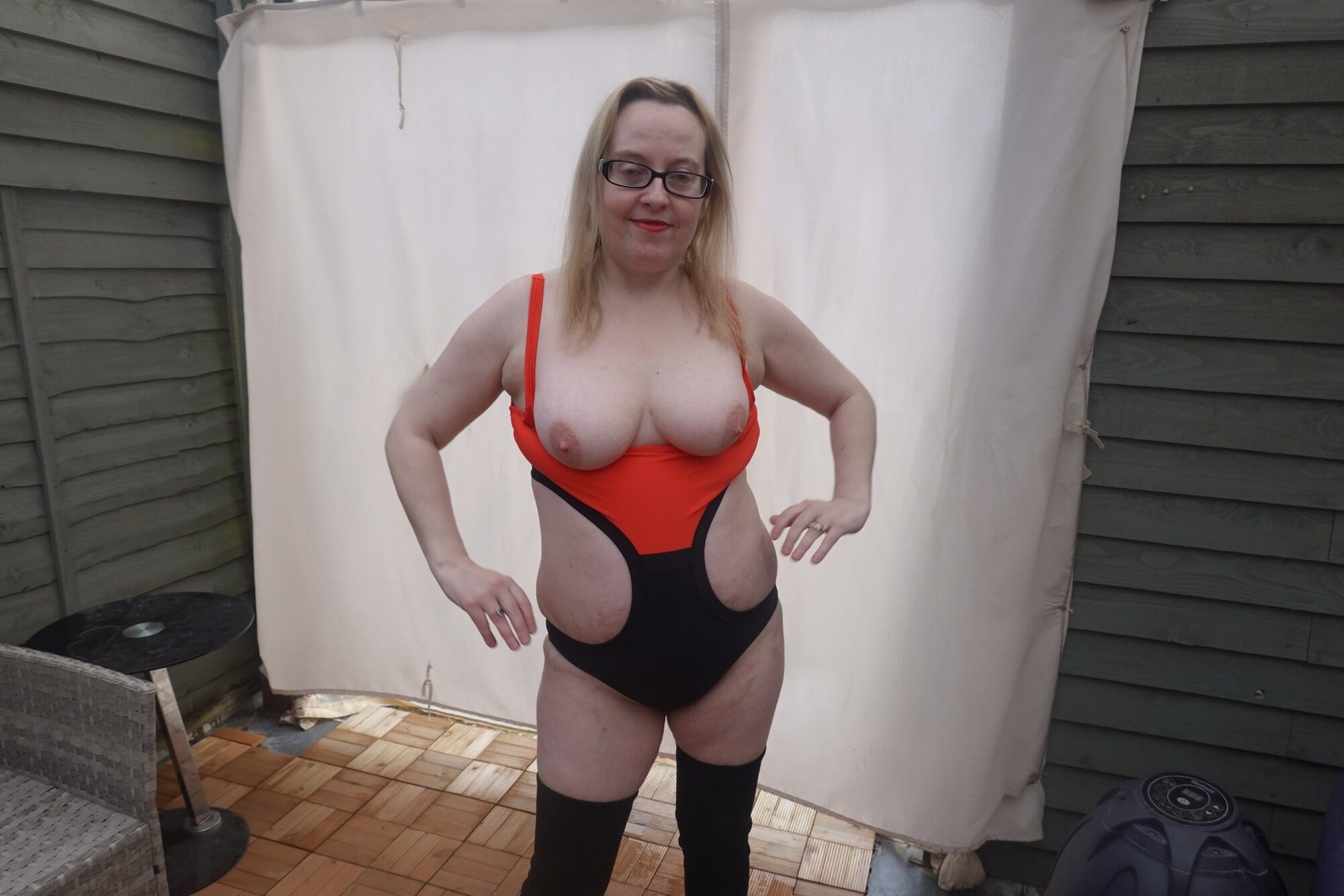In the yard in 2 Degrees temp in swimsuit and thigh boots #18