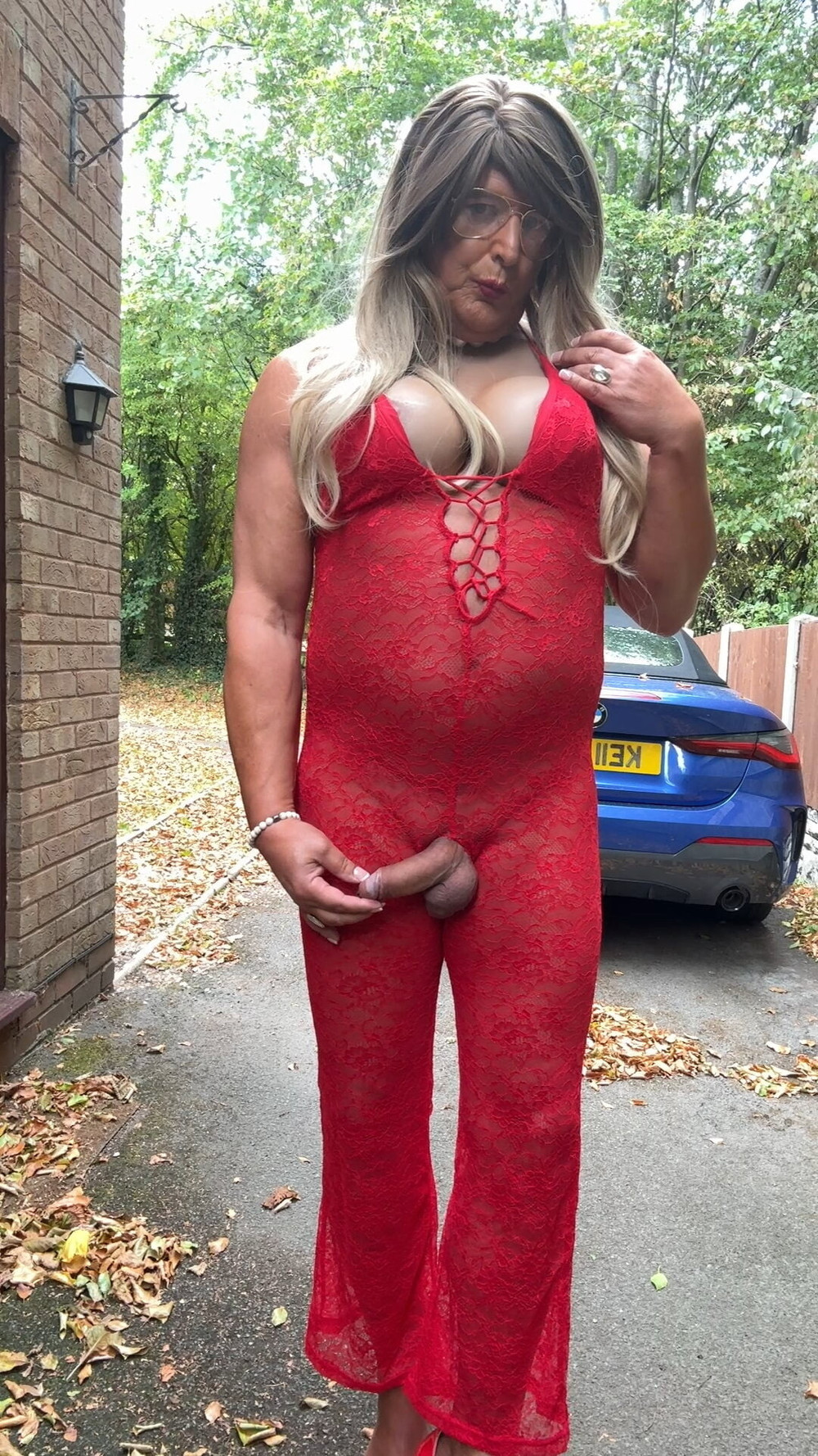 Sexy Crossdresser kellycd2022 in red lace jumpsuit and heels #29