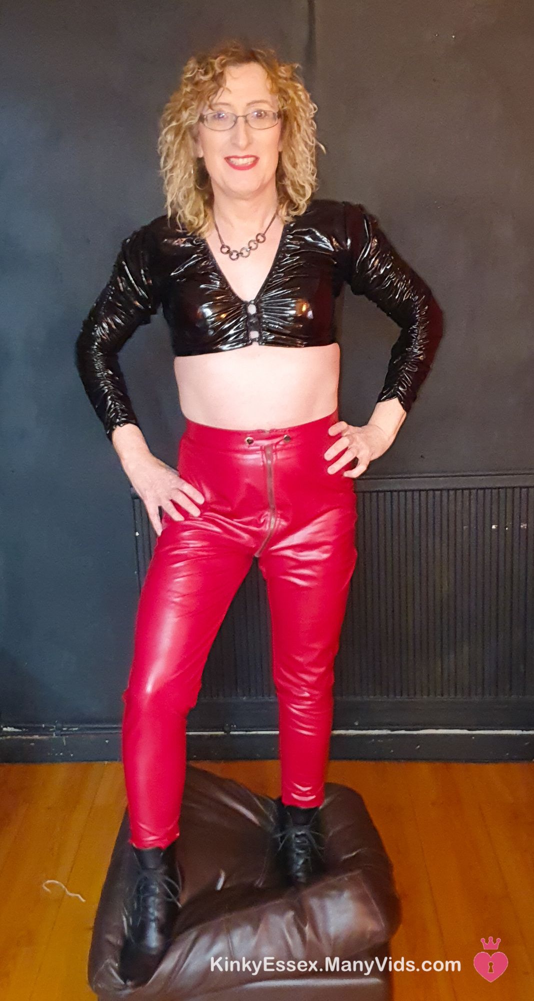 Black and Red Shiny PVC Fetish With Black Heel Ankle Boots #7