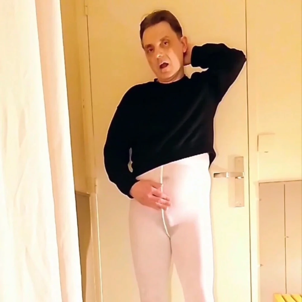 Cock stroking and anal play in white open pantyhose #6