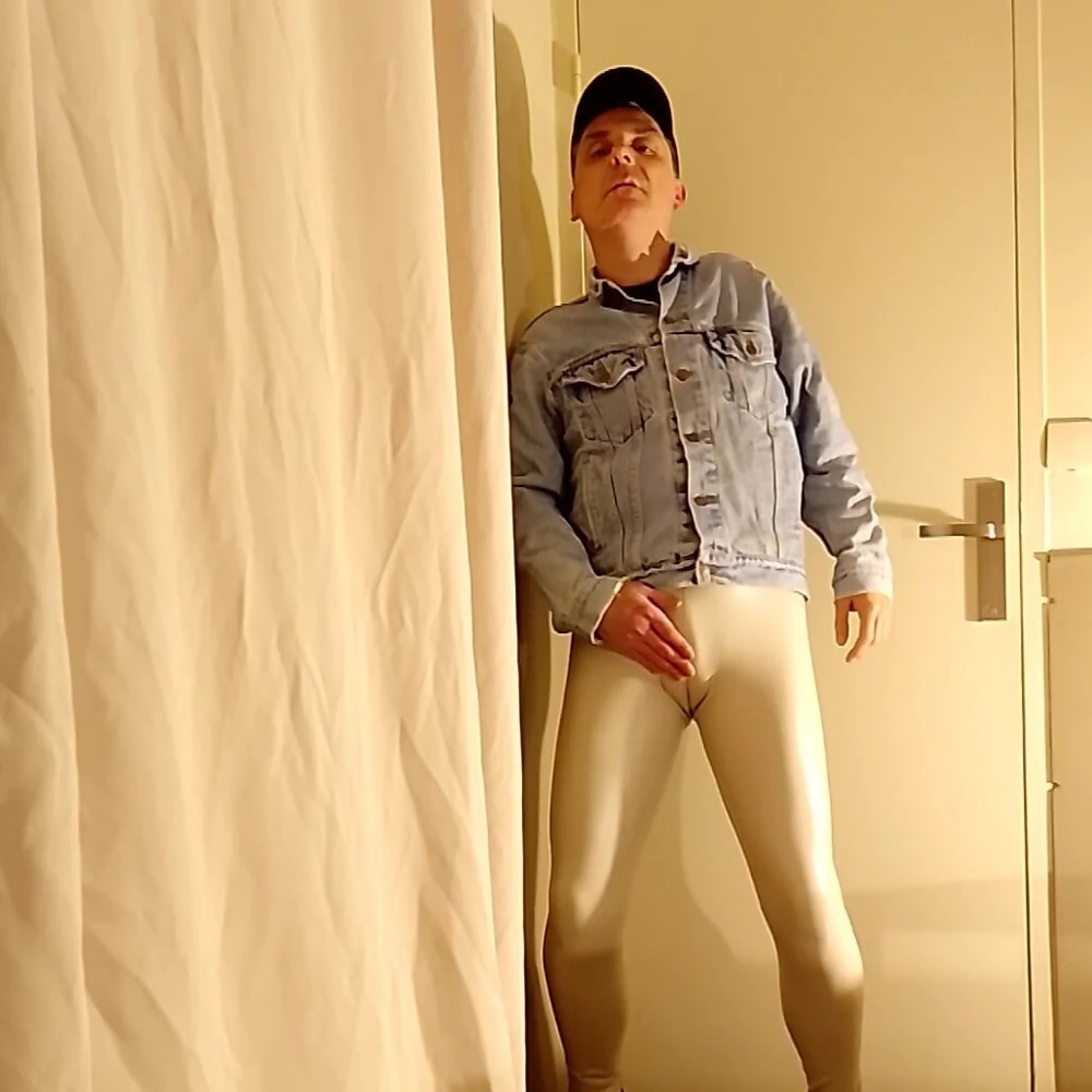 Cock stroking and arousing through white vinyl leggings #6