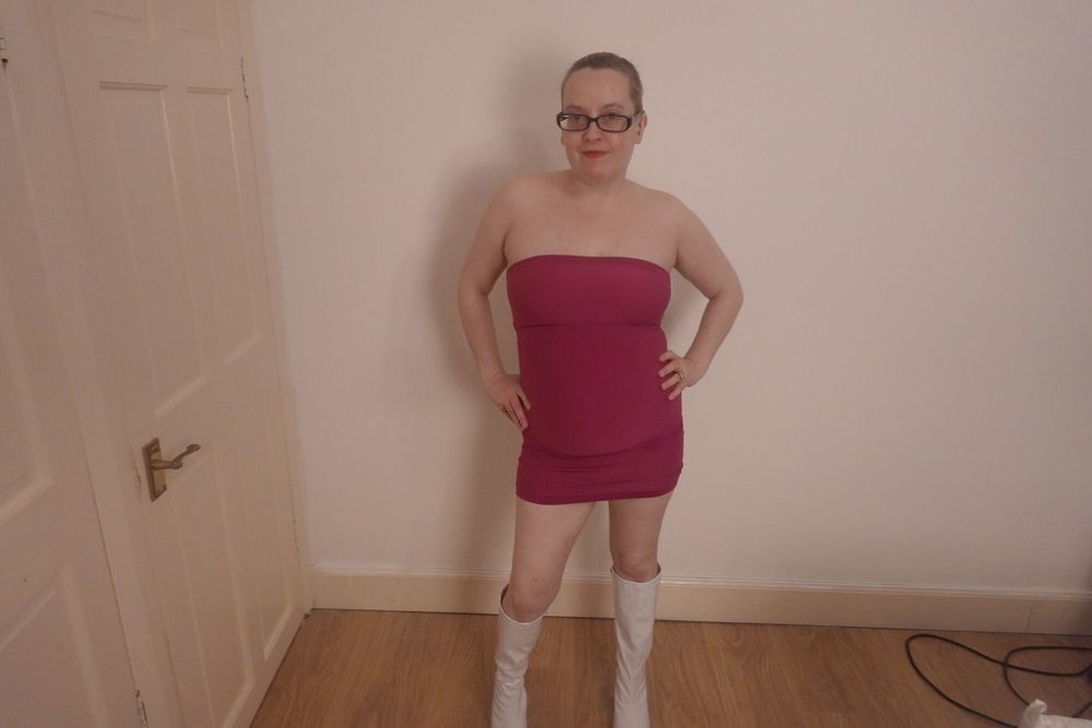 Date night pink dress and White PVC Knee Boots #5