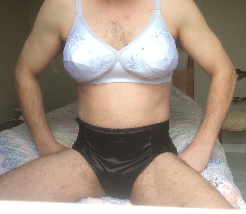 Wearing my wife's white bra and black knickers. #7
