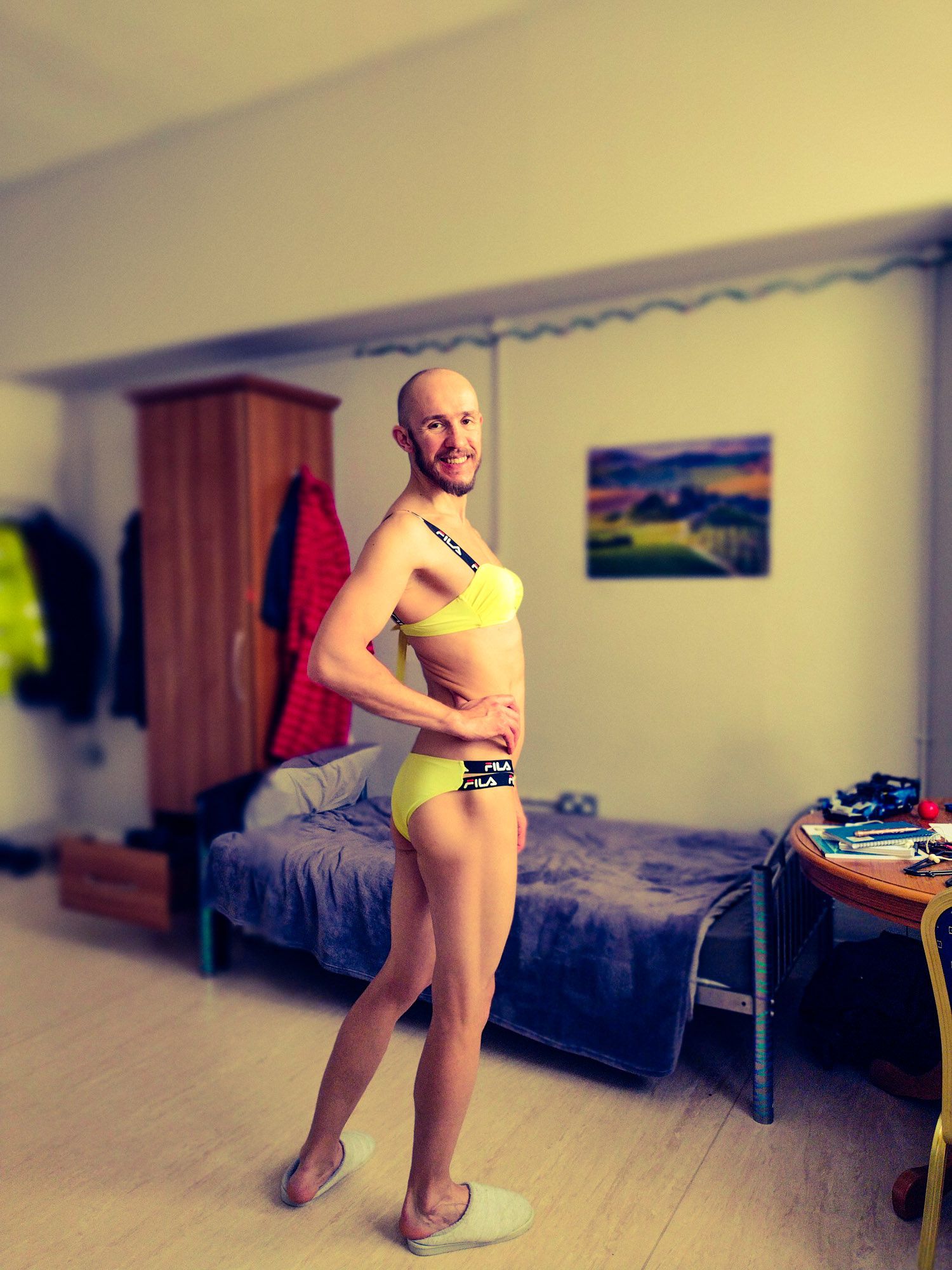 Bearded athletic man posing in yellow swimsuit  #21