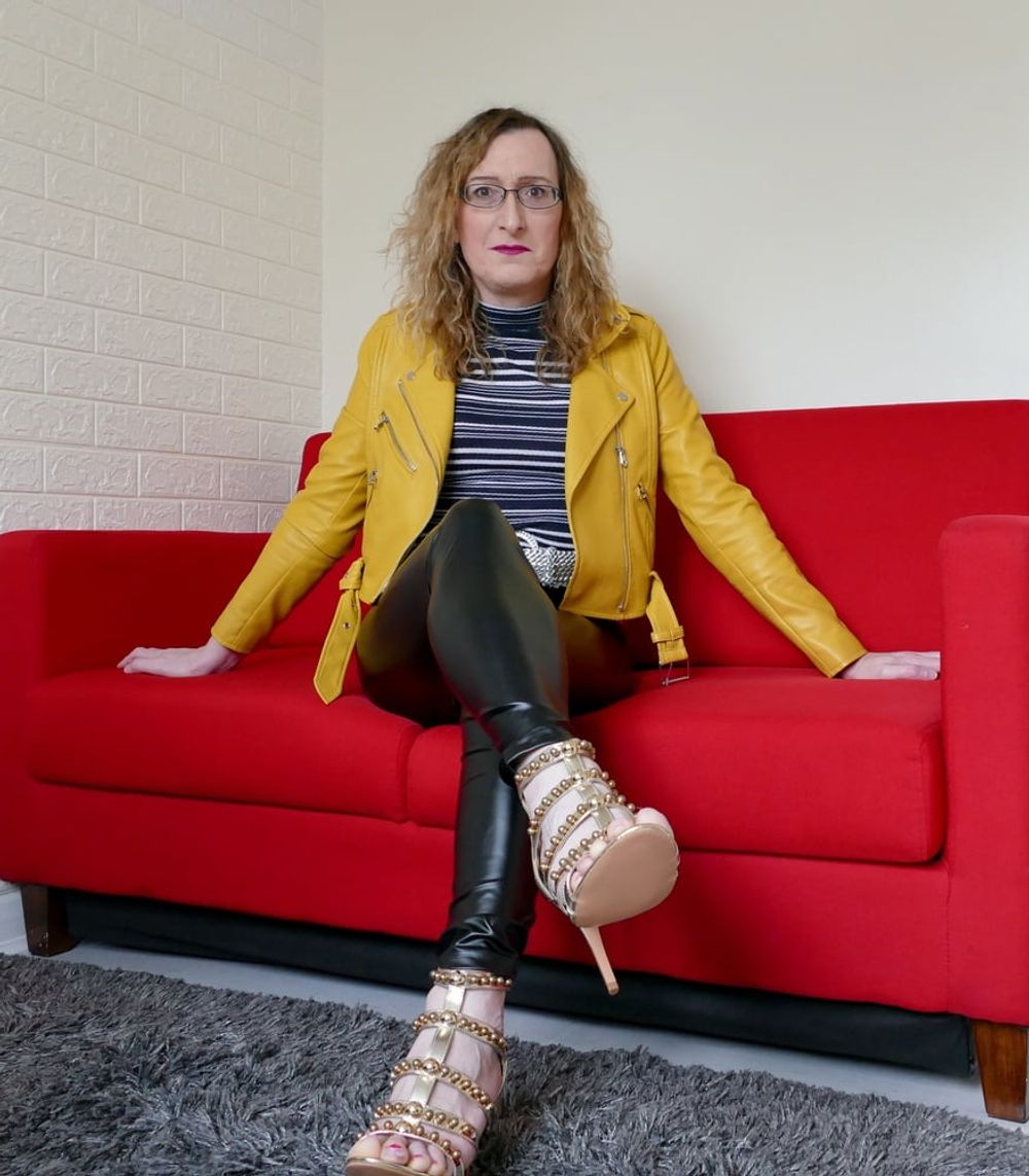 Black Shiny Wetlook Leggings with Yellow Leather Jacket.  #5