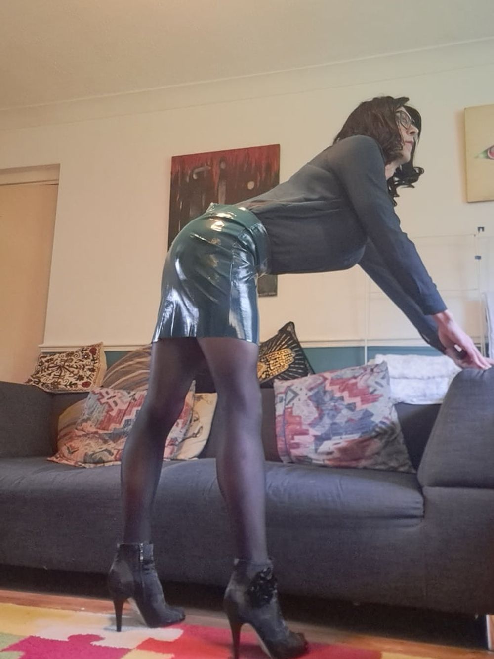 Danni in a latex skirt, sexy lingerie and seamless pantyhose #9