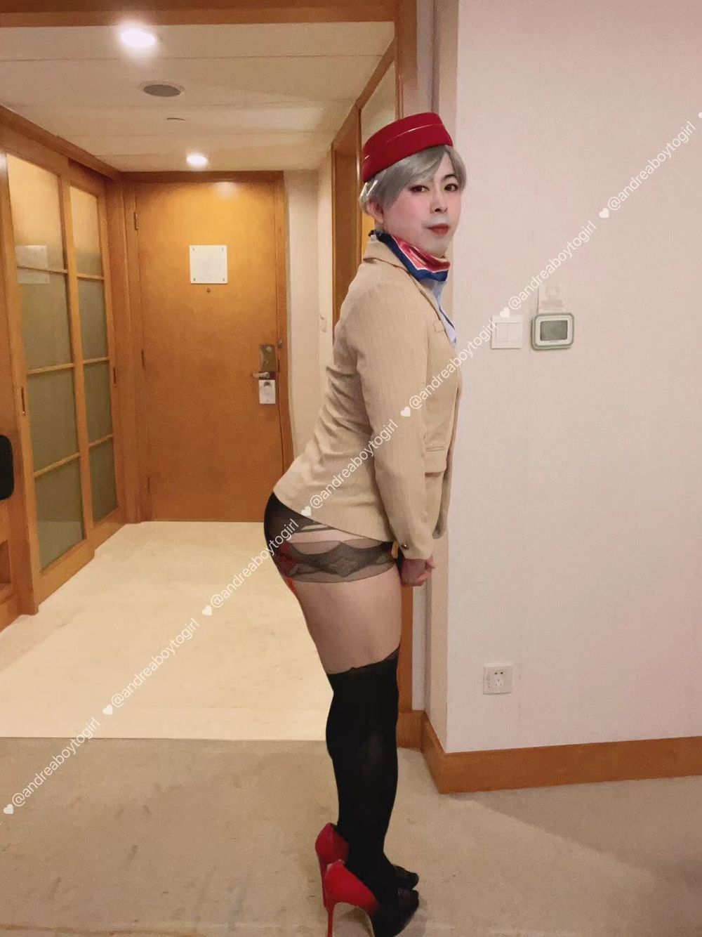 Asian femboy sissy in Emirates Cabin Crew dress(P4) #5