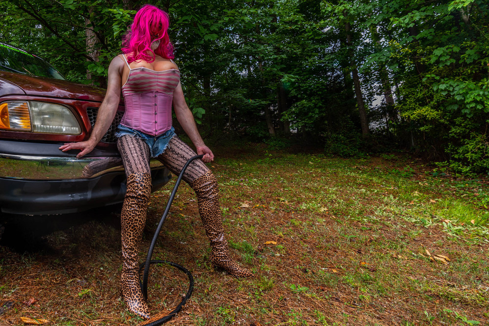 Gigantic fake tits crossdresser washing my truck in Daisy Du #6