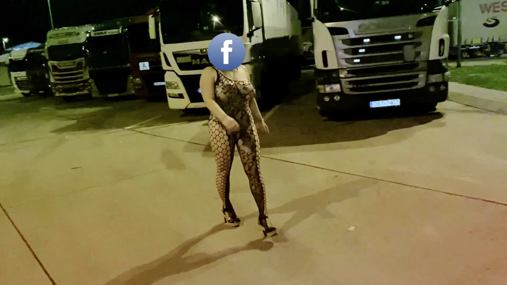 BIG TITS model outdoor walk at a truck stop