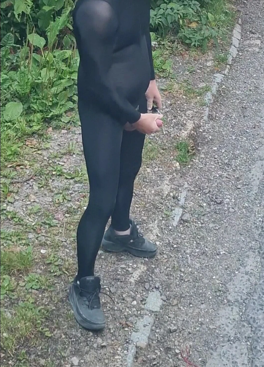 Outdoor wank wearing spandex bodysuit  #5