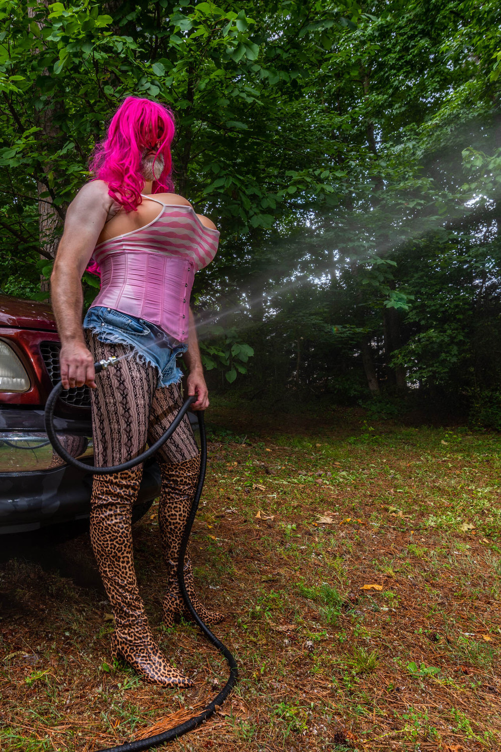 Gigantic fake tits crossdresser washing my truck in Daisy Du #9