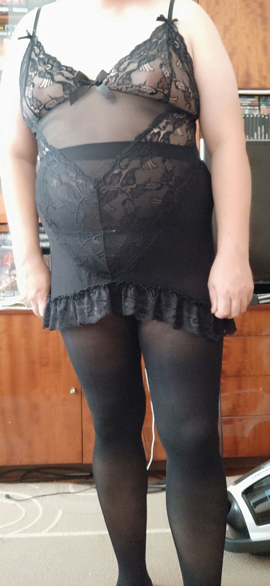 Sissy posing small tits in black nightwear #40
