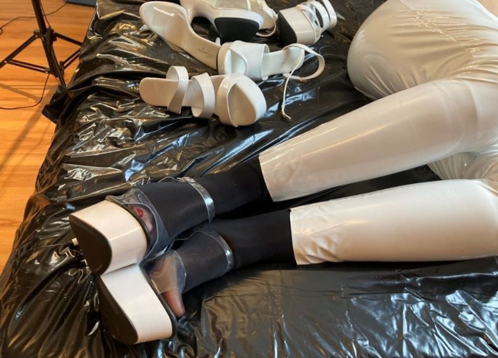 White Heels, White Leggings, Black Nylons #16