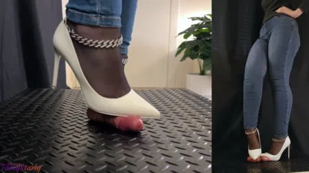 white heels crush and stomp bootjob shoejob ballbusting         