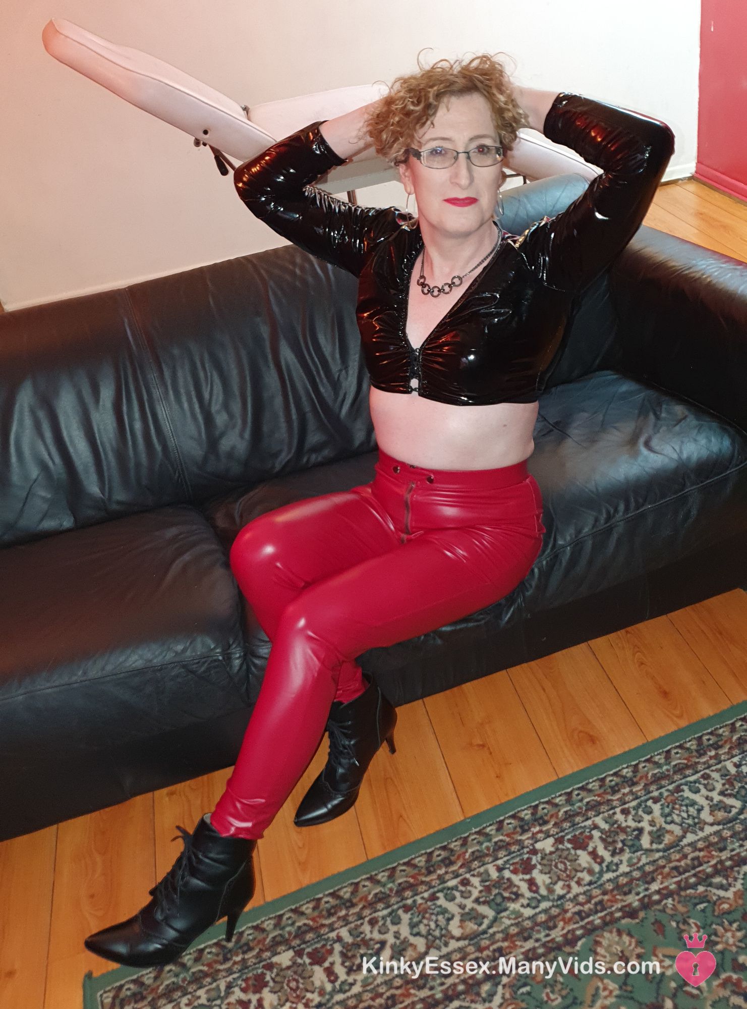 Black and Red Shiny PVC Fetish With Black Heel Ankle Boots #5