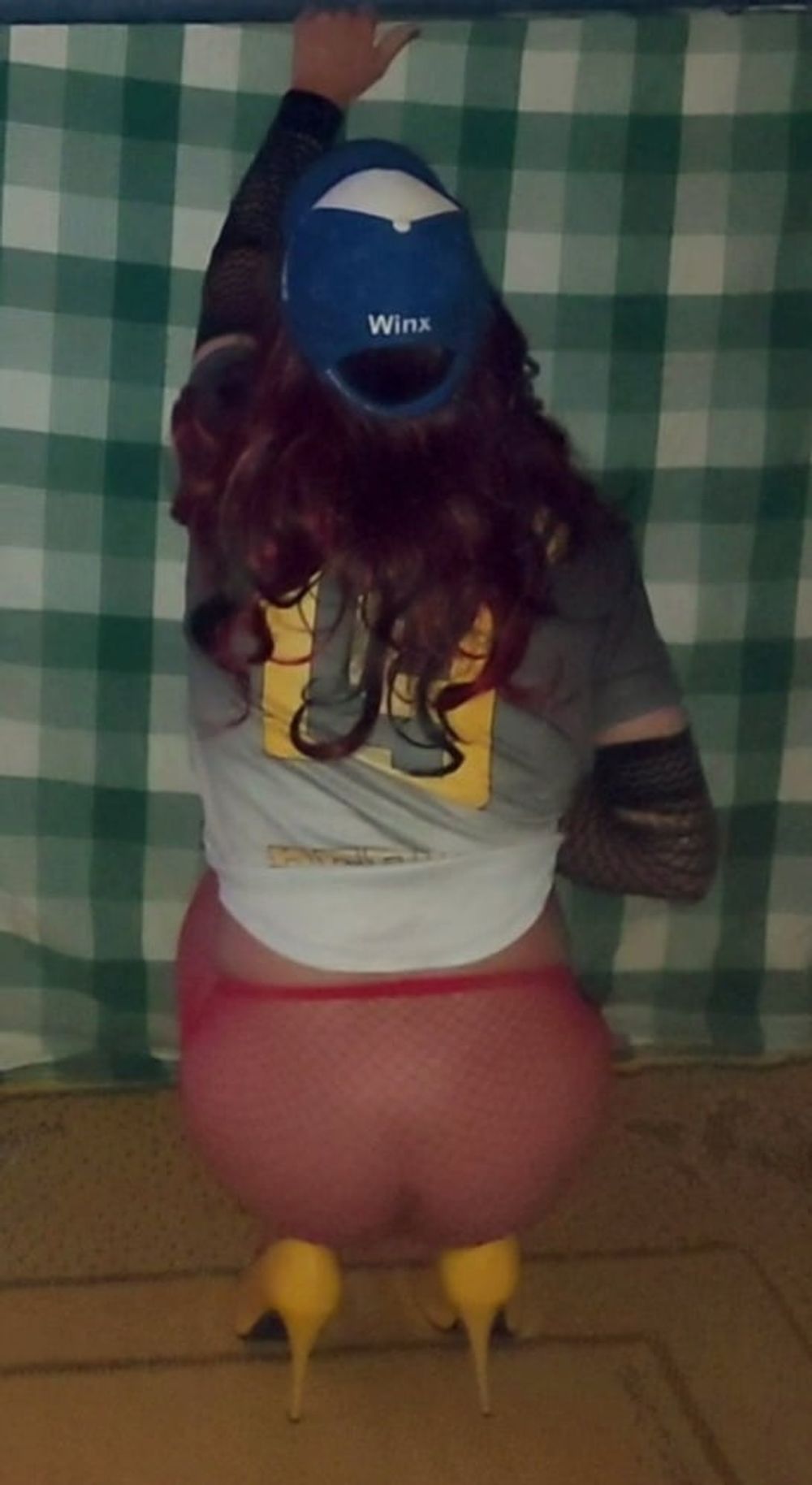 Red fishnet pantyhose ,baseball shirt and tutu  #12