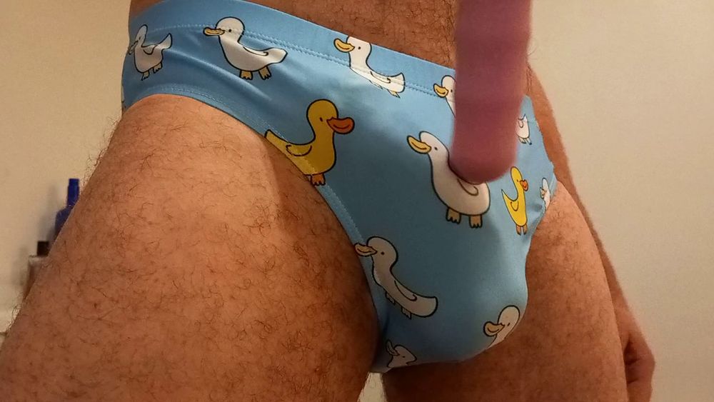 Small penis bulge cum in cute duck speedo, brief, trunks. #30