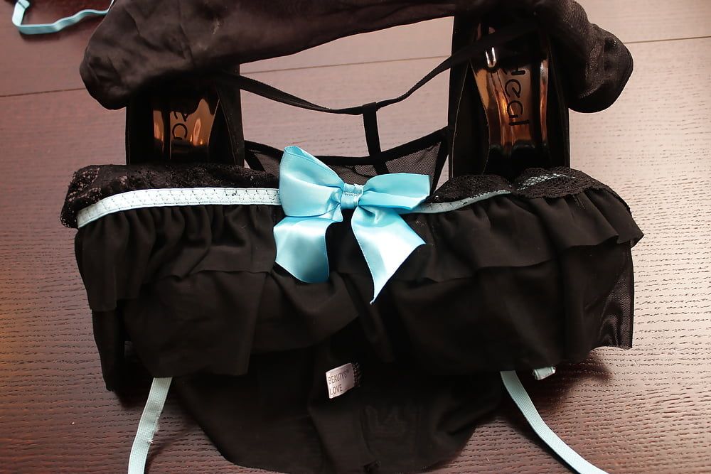 All black:heels, panties, suspenders, stockings, dress, cum #13