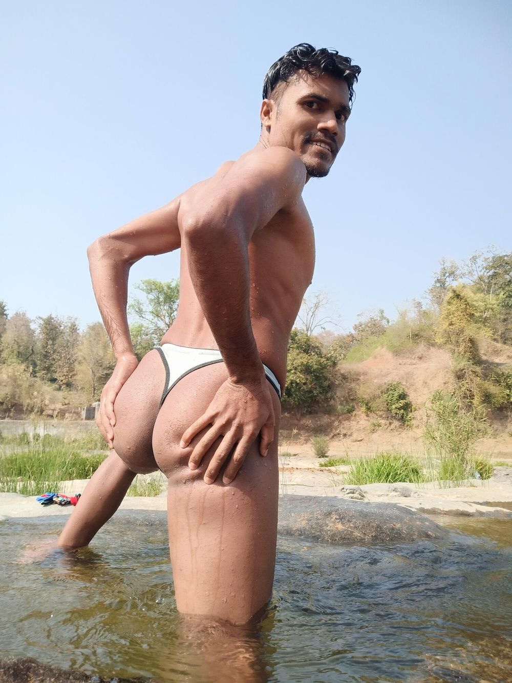 Hot muscular gym boy outdoor in river bathing enjoying swimm #18