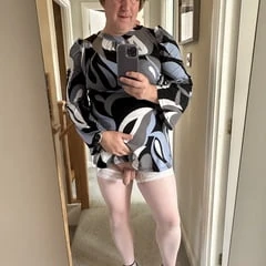 Crossdresser wearing White Stockings and sexy Heels