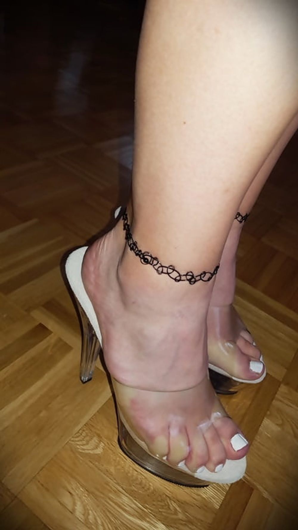 Barefeet ++ Clear Heels Mules ++ Anklets ++ White Toe Nails #10