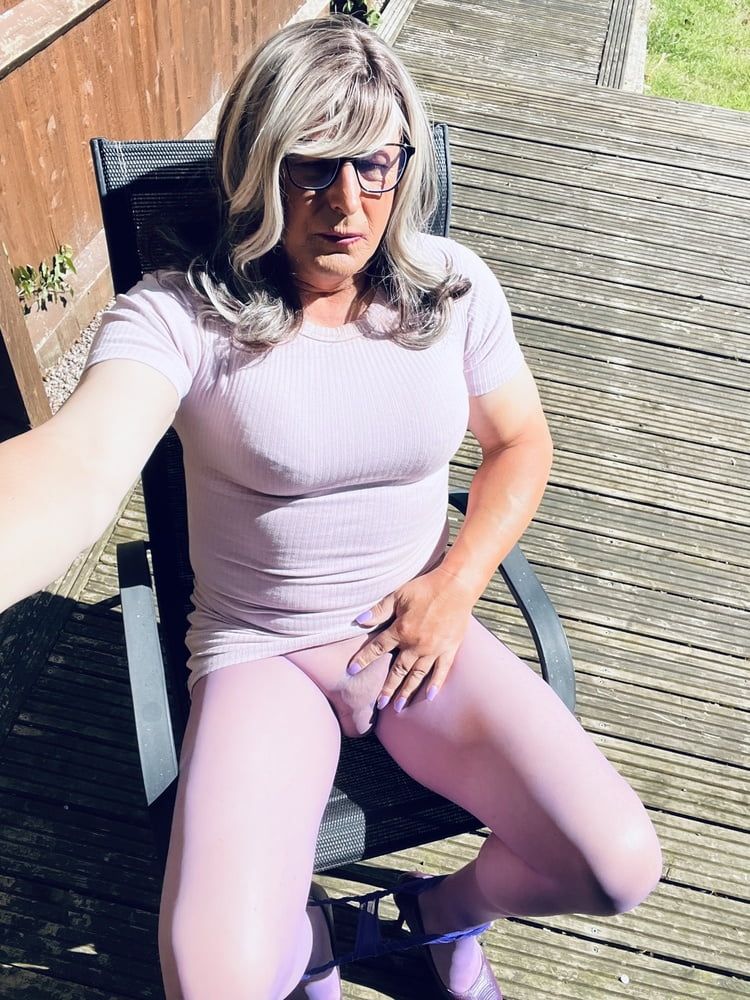 Crossdresser Kellycd in lilac dress and seamless pantyhose  #27