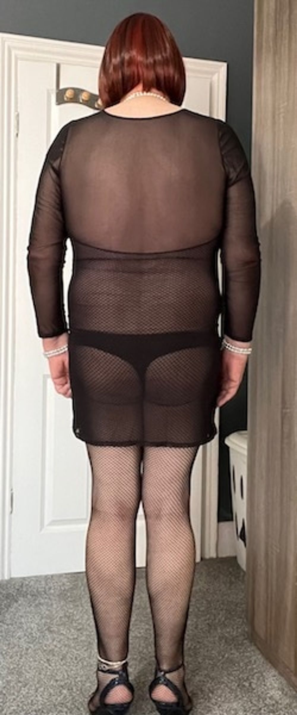 MATURE CROSSDRESSER TVROSE BLACK FISHNET BODYSTOCKING #32