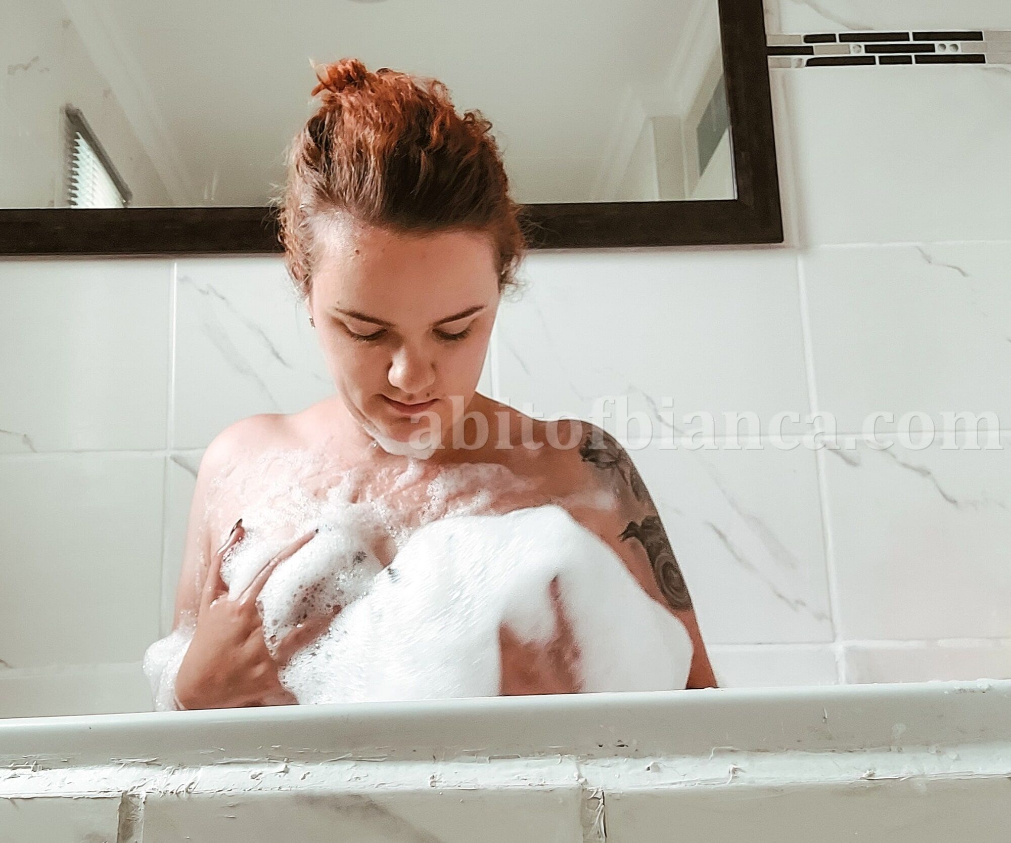 ABitofBianca hot tattooed redhead playing in a bubble bath #4