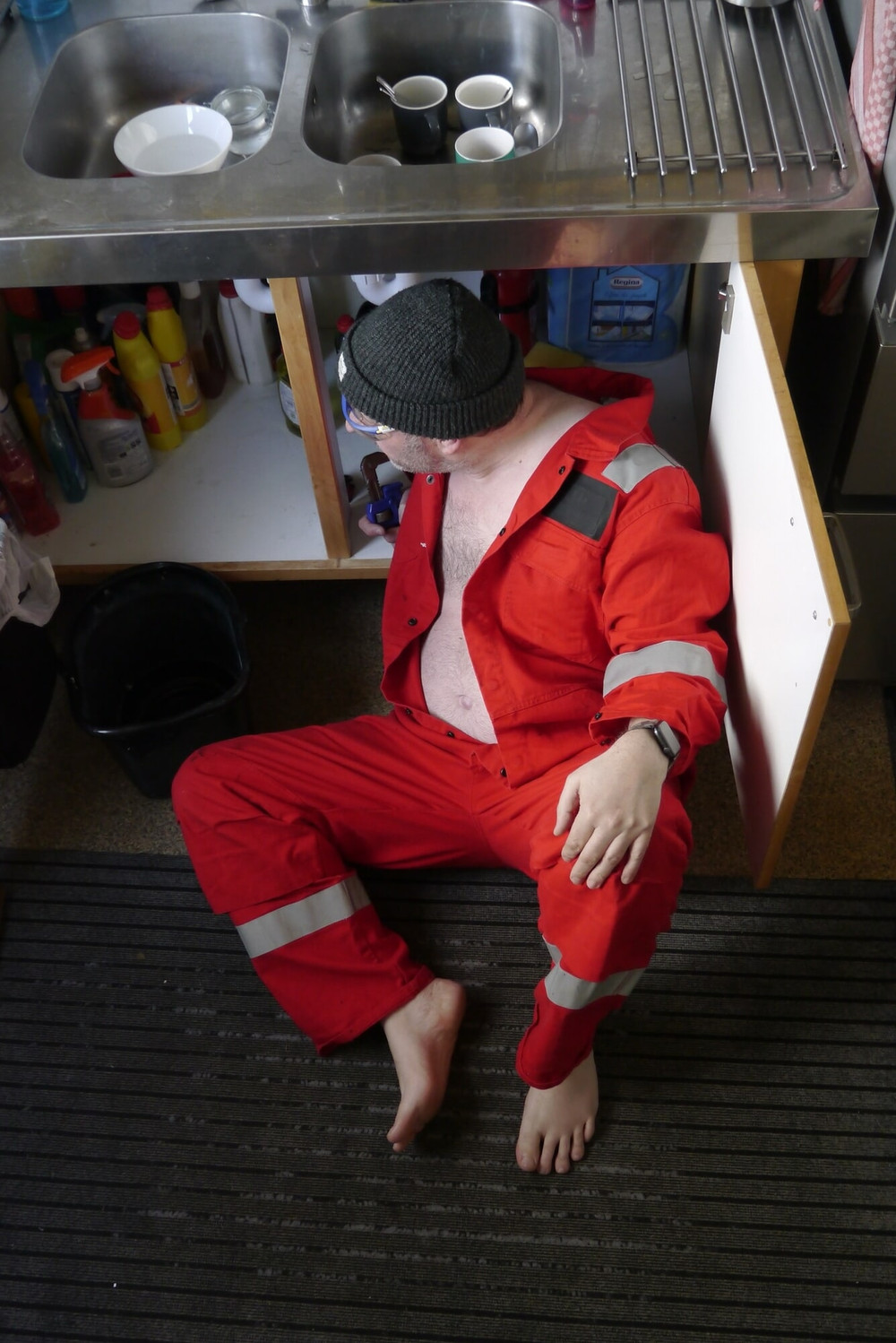 Plumber strips from overalls. #5