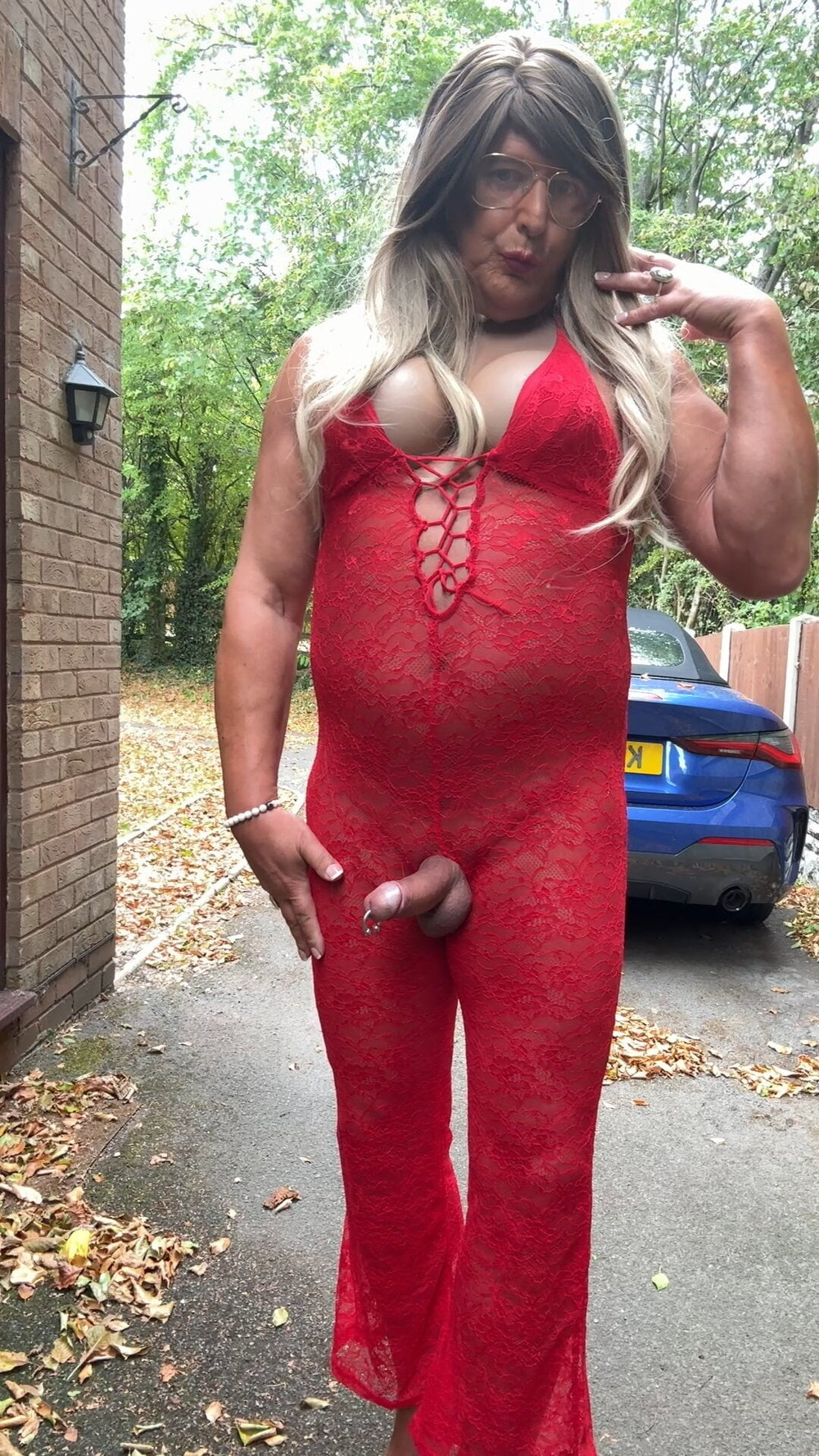 Sexy Crossdresser kellycd2022 in red lace jumpsuit and heels #49