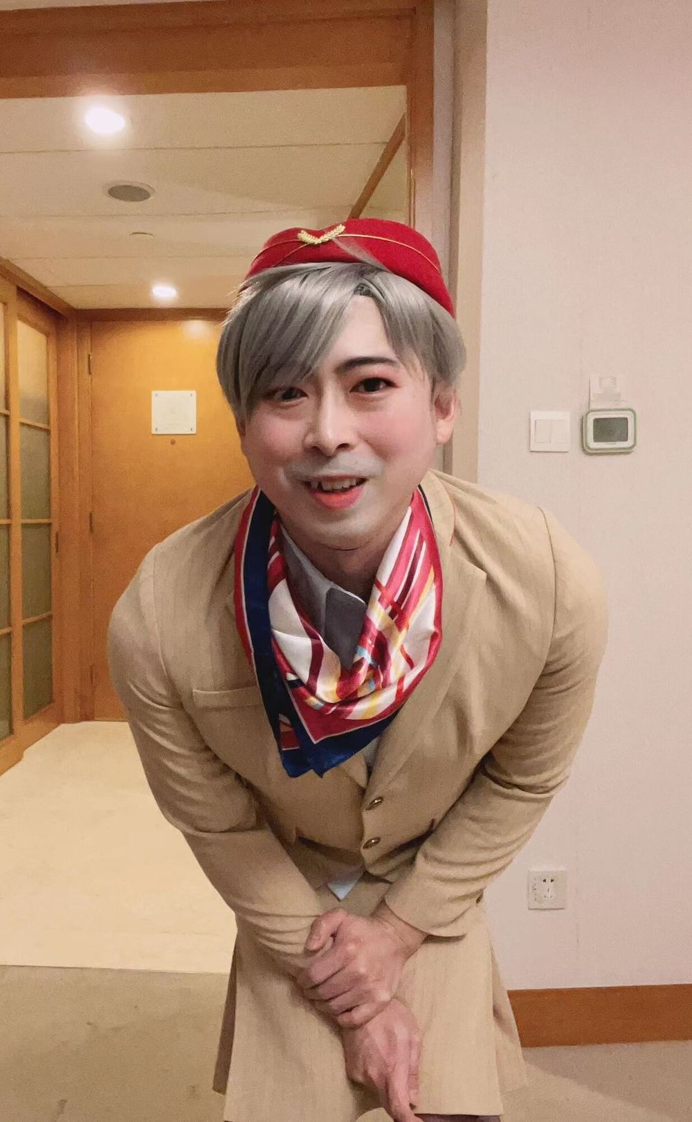 Asian femboy sissy in Emirates flight attendant dress #8