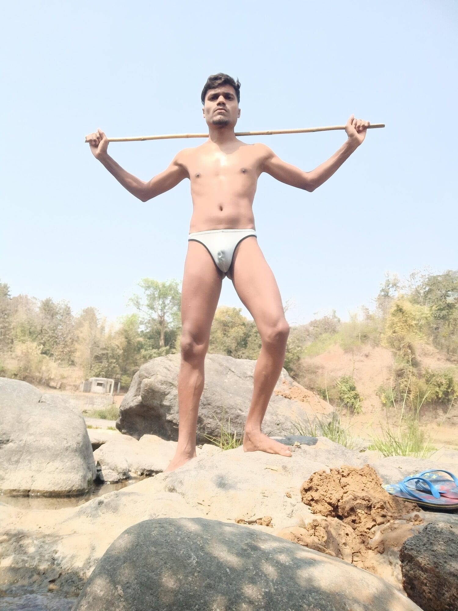Hot muscular gym boy outdoor in river bathing enjoying swimm #13