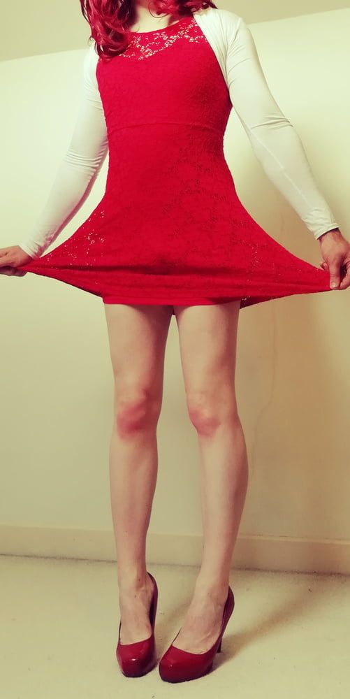 Marie crossdresser in red dress and opaque tights #2