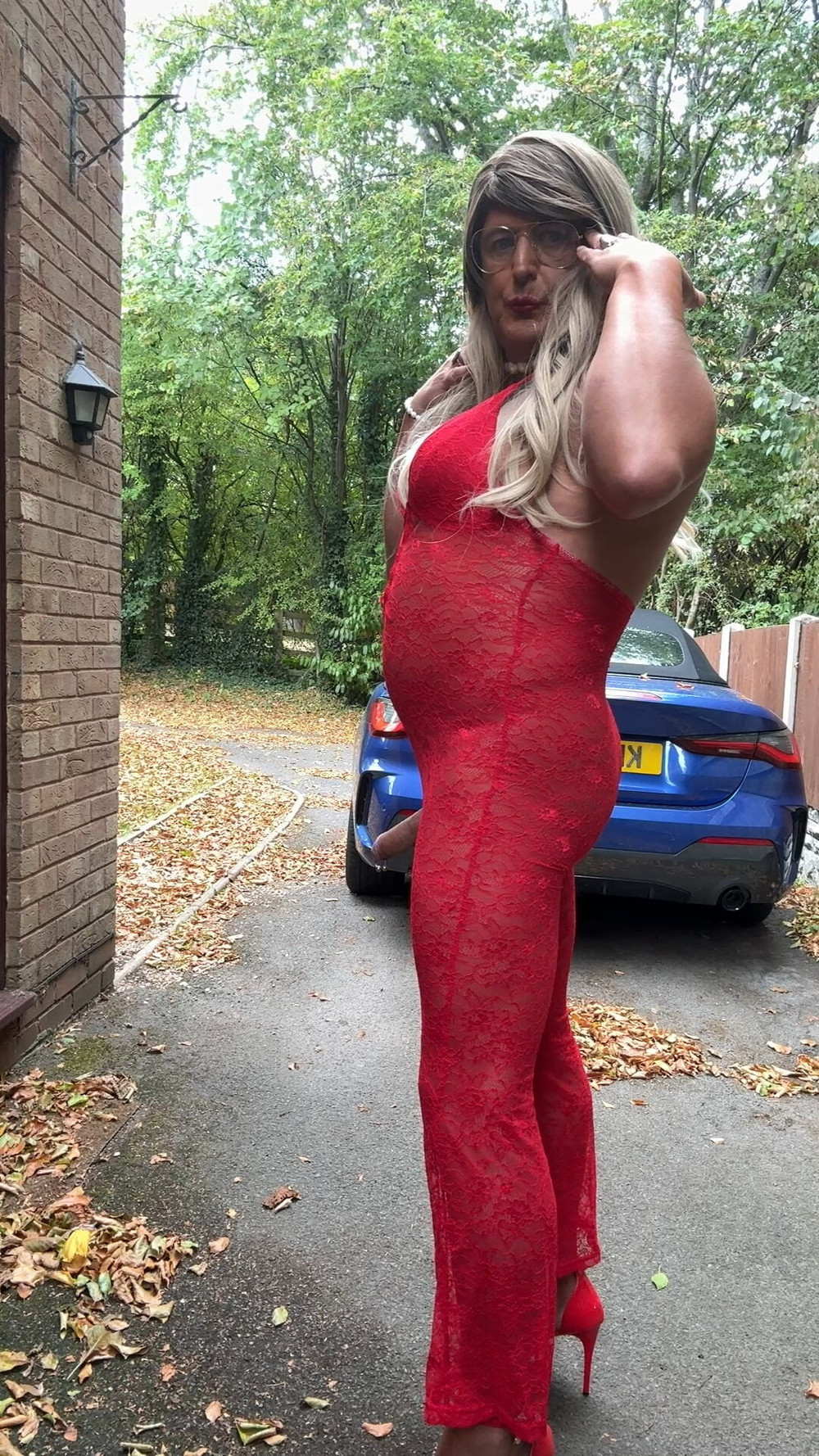 Sexy Crossdresser kellycd2022 in red lace jumpsuit and heels #25
