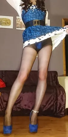 marie crossdresser blue dress and sheer pantyhose        