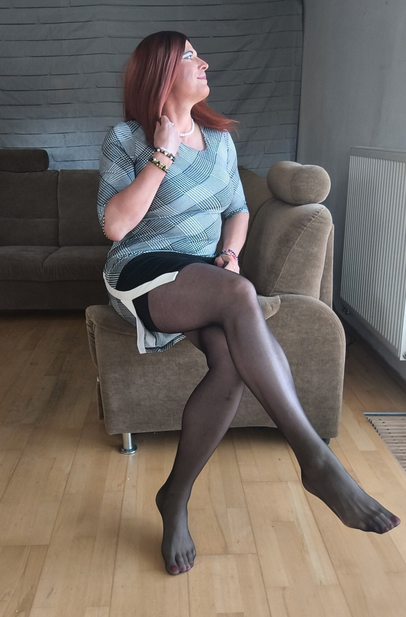 Black pantyhose and lovely short dress #8