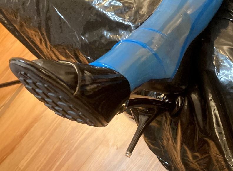Transparent Blue Latex Stockings and Black Mules