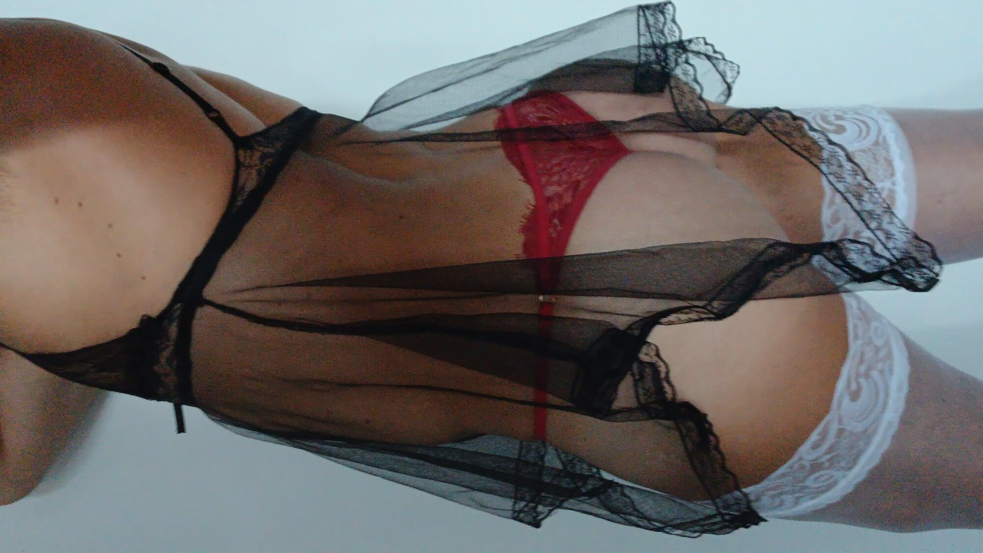 Sexy transparent BLACK nightie RED pantie WHITE stoking  #13