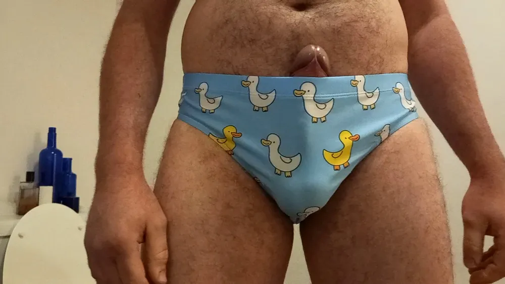 Small penis bulge cum in cute duck speedo, brief, trunks. #11