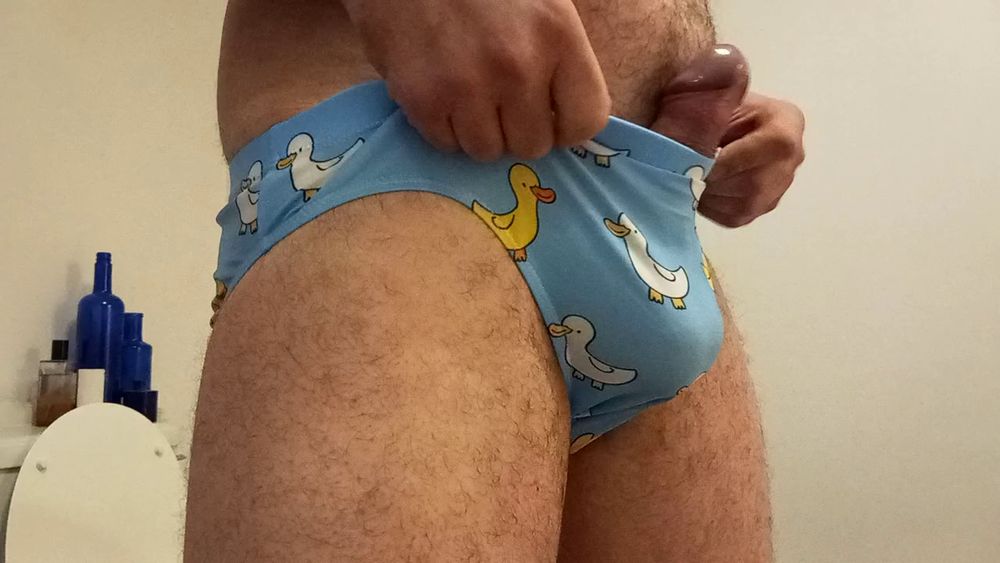 Small penis bulge cum in cute duck speedo, brief, trunks. #9