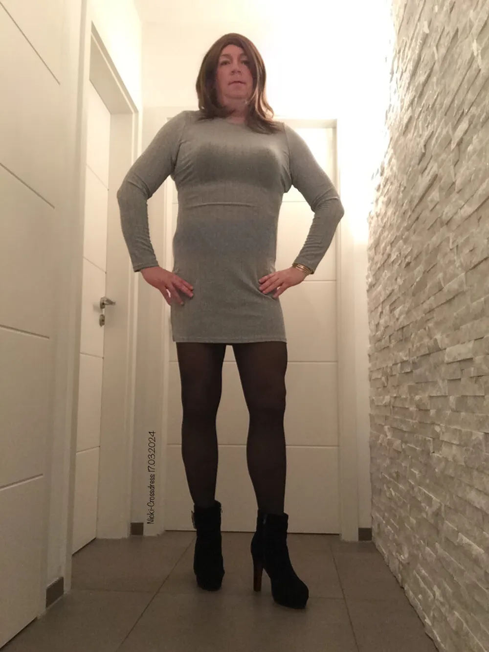 Nicki-Crossdress grey Dress, black Tights &amp; Boots #3