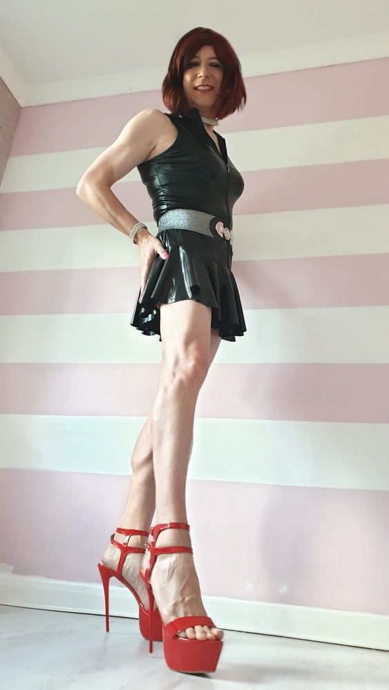 Sissy lucy showing off in wet look skater dress and chastity #6